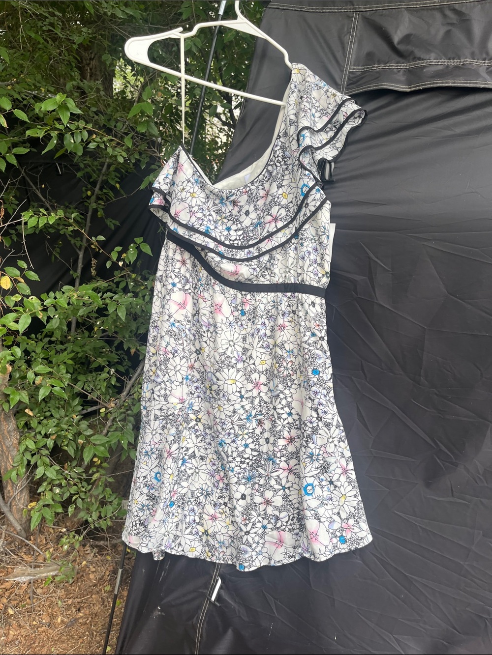 Likely White One-Shoulder Ruffle Floral Dress with Black Trim